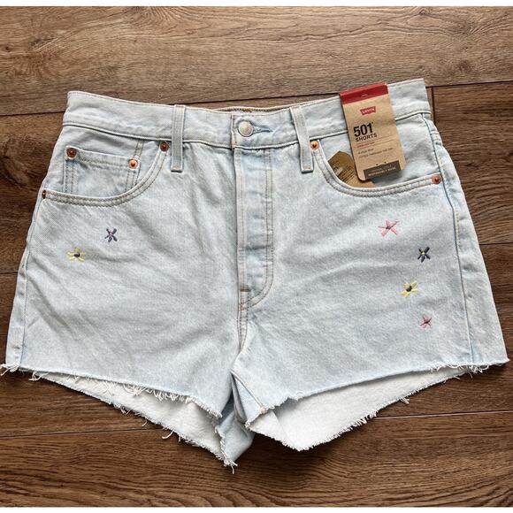 Levi's 501 Denim Shorts Womens 29 High Rise Embroidered Button Fly Festival NWT - Picture 3 of 12
